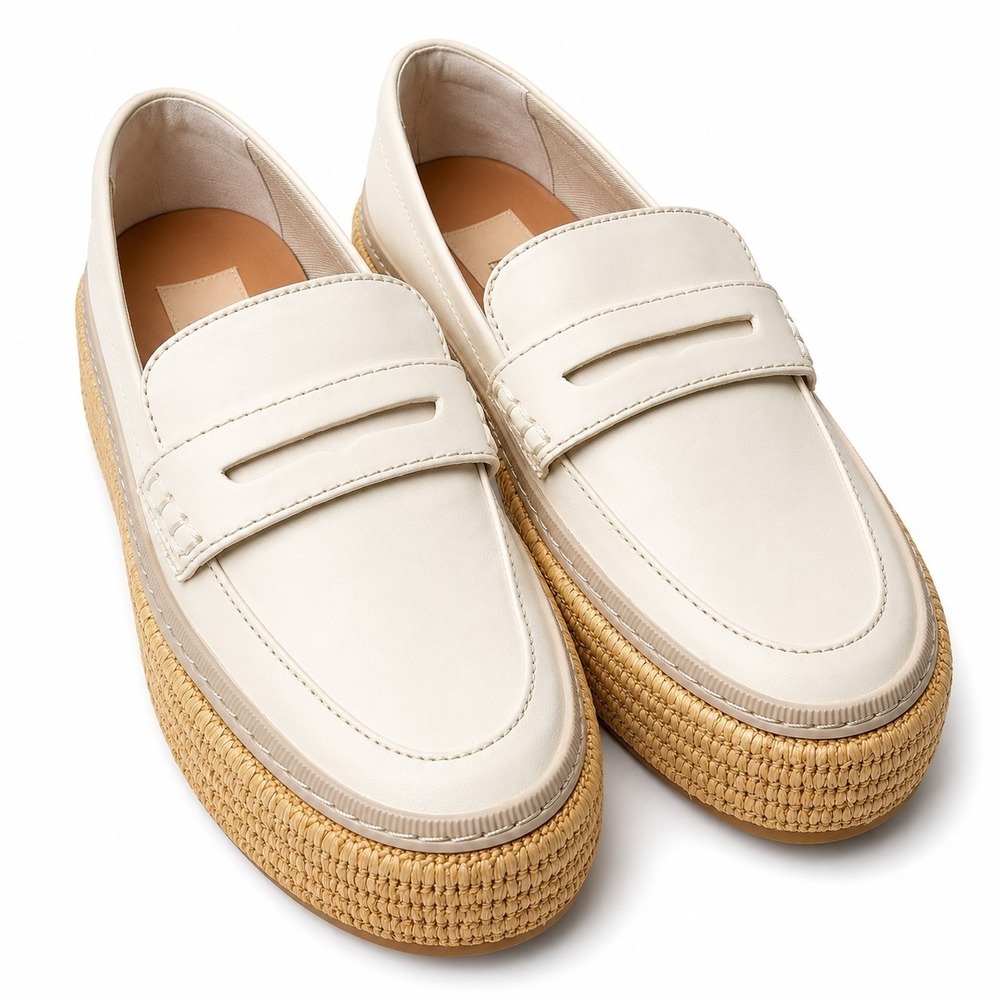 Dolce Vita Cream Leather Penny Loafers with Woven Tan Platform